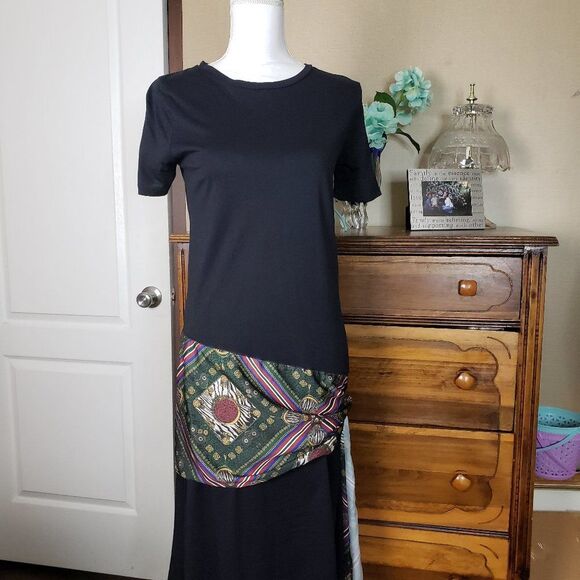 Zara Basic Soft Black Tee with Hip Scarf Midi Dress womens S small Crew Neck - Picture 2 of 10